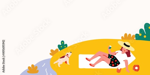 A playful illustration of a young woman and her dog enjoying a sunny summer day at the beach. The woman is wearing a stylish straw hat, and her pet dog is frolicking near the water.