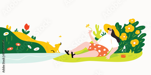 A woman wearing a hat relaxes on a green grassy lawn with a dog and flowers surrounding her, creating a simple yet charming illustration perfect for spring and summer themes. 