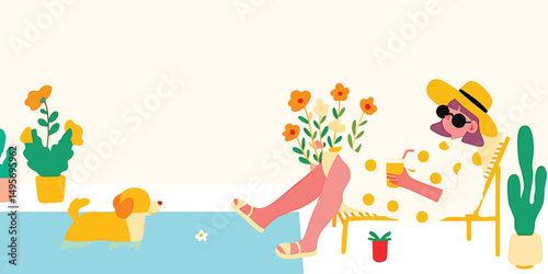 Woman relaxing by pool with flowers and dog.