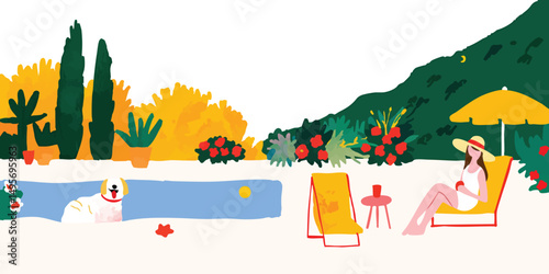A woman enjoys a leisurely moment by the pool, bathed in the warm summer sun, creating a picturesque scene of relaxation and tranquility.