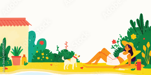 A serene moment of sunbathing on a beach, a woman and her dog basking in the summer glow, near some plants. 