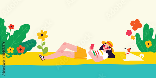A woman relaxes leisurely with her beloved pet in a whimsical summer scene. Whimsical scene. Capturing the serenity and joy of a sun-kissed afternoon. 