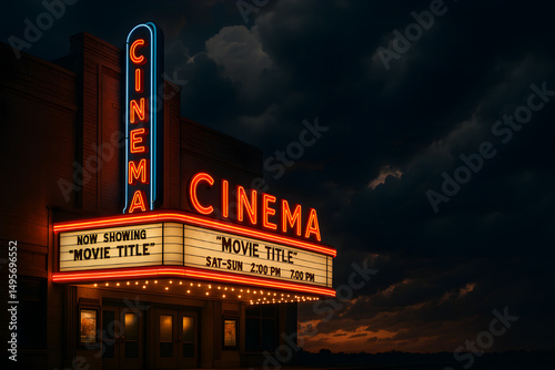 Vintage cinema under a dramatic night sky.