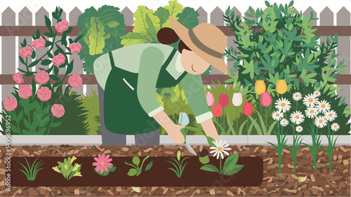 Lady gardener working in lawn or garden vector illustration.