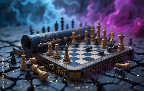 Arcane Gambit: Folded Chessboard & Mystical Pieces on Cracked Earth
