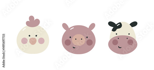 Set cute farm animals. Funny cartoon characters. Chicken, pig, cow. For fabric, wrapping, cards, textile, wallpaper, apparel. Isolated vector illustration in flat cartoon style on white background.