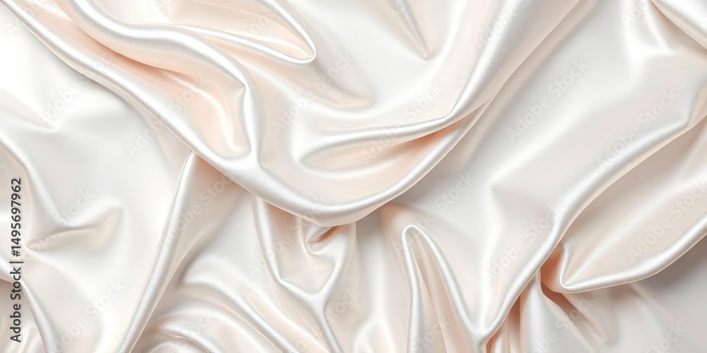 Obraz premium Draped silver silk, shimmering folds on wavy white background, glossy, reflective