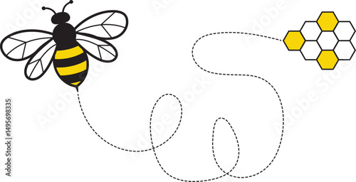 Bee flying icon, Bee flying on a dotted route, Hand drawn bees, Vector illustration on a white background