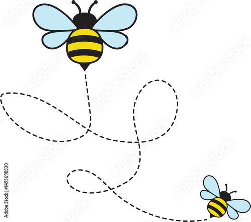 Bee flying icon, Bee flying on a dotted route, Hand drawn bees, Vector illustration on a white background