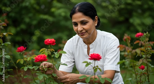 Woman tending to vibrant red roses in a lush garden, enjoying the beauty of nature and the tranquility of gardening.