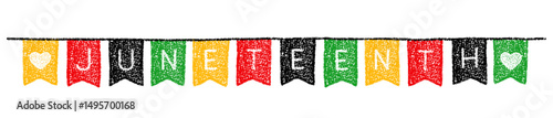 Juneteenth Freedom Day banner with garland crayon drawing. Black history month celebrating, freeish black African American holiday. Juneteenth letters on bunting flags, vector illustration