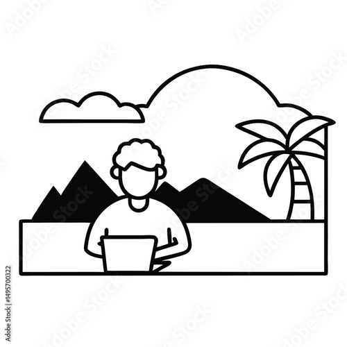 Business man with laptop sitting on a beach chair, a summer student work concept illustration