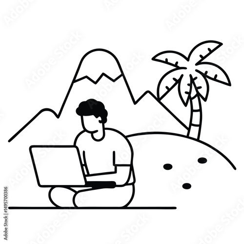 Man sitting on the beach, working on a laptop, with a book nearby