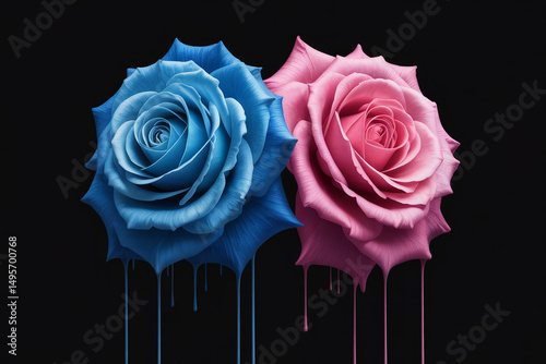 Digital artwork of pink and blue roses with vibrant paint dripping from petals against a dark background

