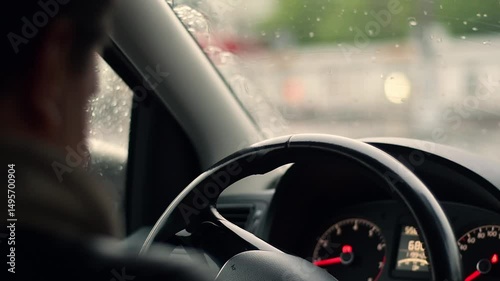 Car waits in traffic jam on rainy day, driver patiently watching through wet windshield, surrounded by city lights and reflections.