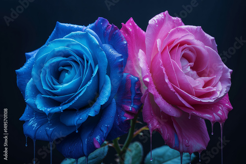 Digital artwork of pink and blue roses with vibrant paint dripping from petals against a dark background

