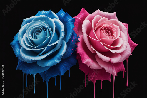 Digital artwork of pink and blue roses with vibrant paint dripping from petals against a dark background

