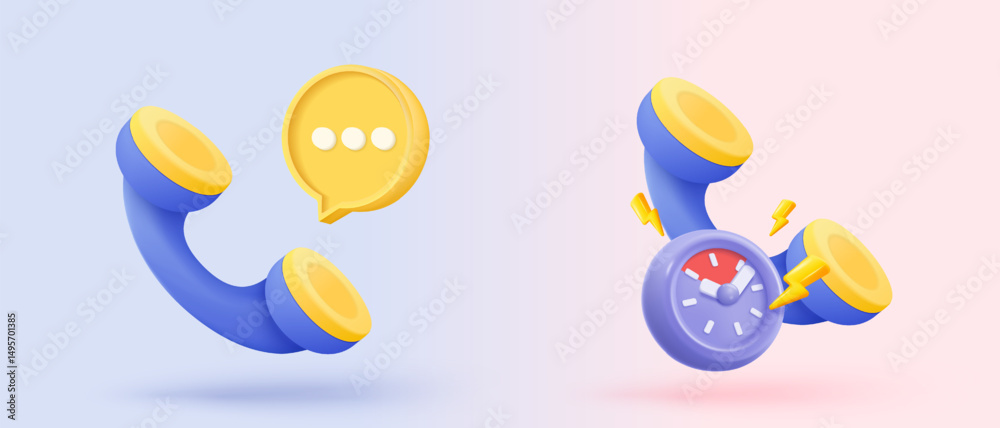 Fototapeta premium 3d realistic call phone and bubble talk icon signs speech. speak with service support hotline and call center. 3d contact customer buttons vector render illustration