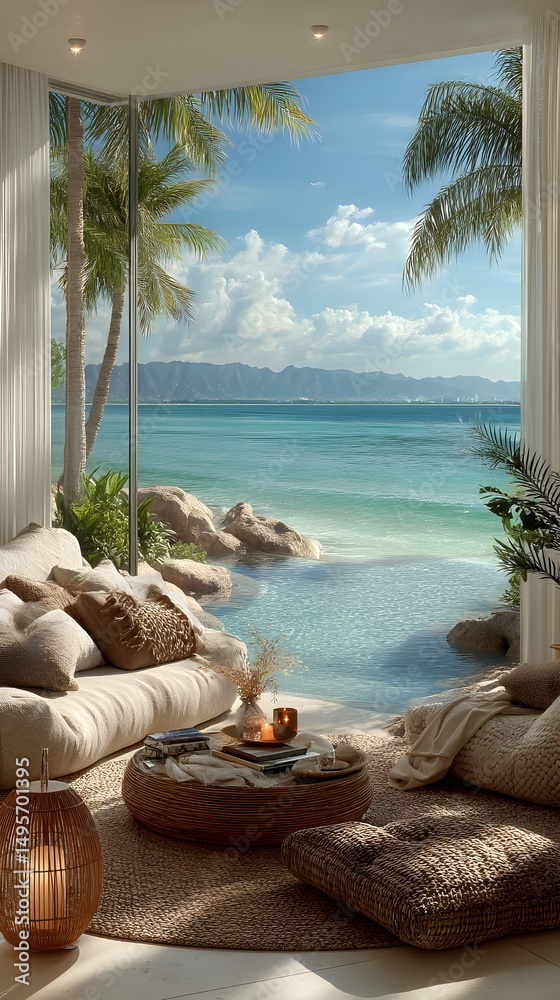 Obraz premium Ocean View Lounge: A luxurious indoor-outdoor living space featuring comfortable seating arrangements and a serene ocean view, with palm trees and tranquil turquoise waters.