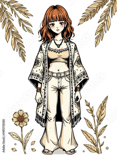 a drawing of a woman standing in front of a wreath
