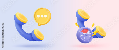 3d realistic call phone and bubble talk icon signs speech. speak with service support hotline and call center. 3d contact customer buttons vector render illustration