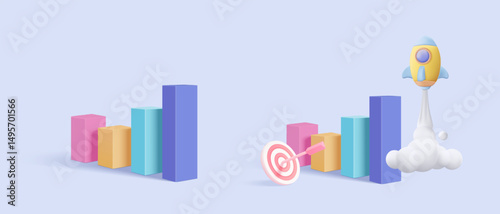 3d excellent business graph with flying space rocket concept. space for business startup and growth statistics trading, bank, finance, investment. 3d rocket icon vector illustration