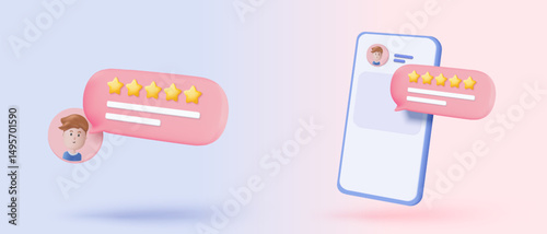 3d stars rating for best excellent services. Result score for satisfaction in speech bubble. Review for quality customer rating feedback, product award review. 3d star icon vector render illustration