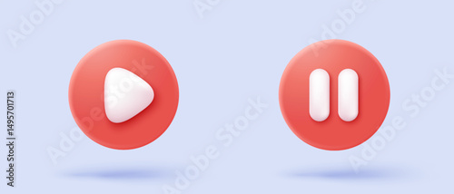 3d social media video player in speech bubble. Red round play buttons for start multimedia with simplicity colorful video concept, audio playback. 3d watch buttons icon vector rendering illustration