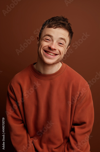 Portrait of a cheerful young man with freckles wearing an orange sweatshirt, smiling on a brown background