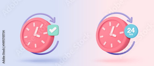 3d alarm clock 24 hours icon for speed delivery concept. Pink watch minimal design concept of time, service and support around clock, 24 hours a day. 3d clock icon vector rendering illustration