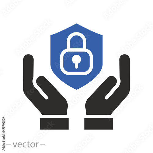 hands with shield, secured icon, flat vector illustration