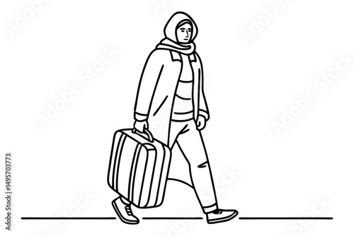 person of refugee with suitcase minimalist sketch