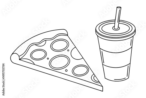 slice pizza and soft drink one continuous line drawing