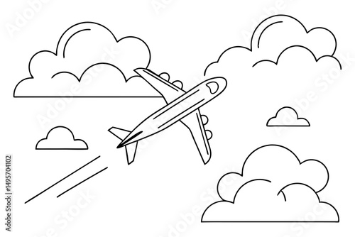 Minimalist line sketch of aircraft soaring through sky