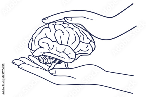 Brain held by two hands minimal line drawing