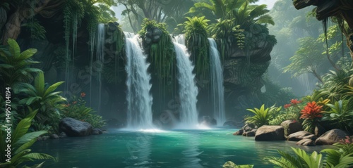 Emerald waterfall cascades through vibrant tropical flora ,  exotic,  flora,  tropical