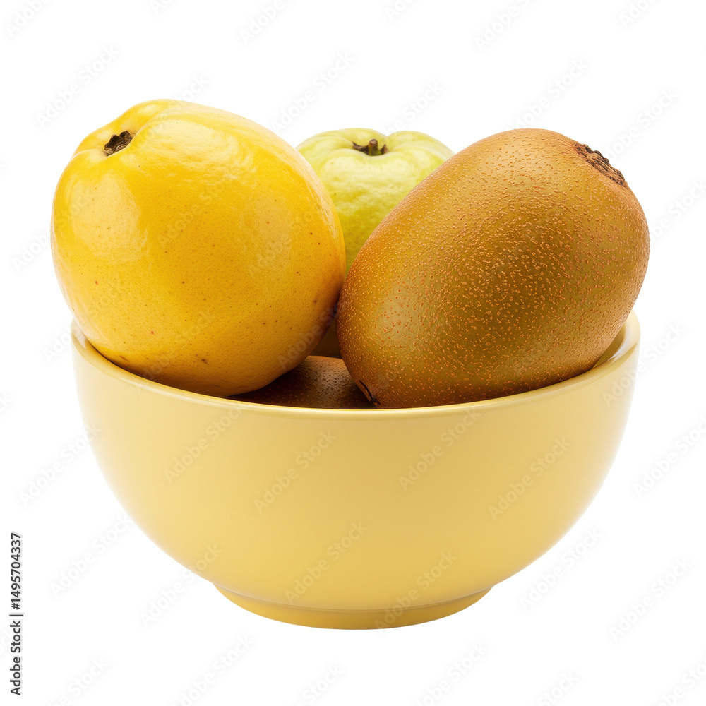 Fototapeta premium Bowl filled with guava, kiwi, and yellow fruit creates a delightful fruit medley on white ground