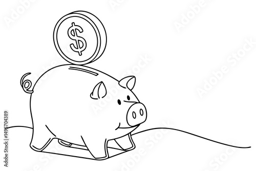 Savings icon line drawing of piggy bank with money