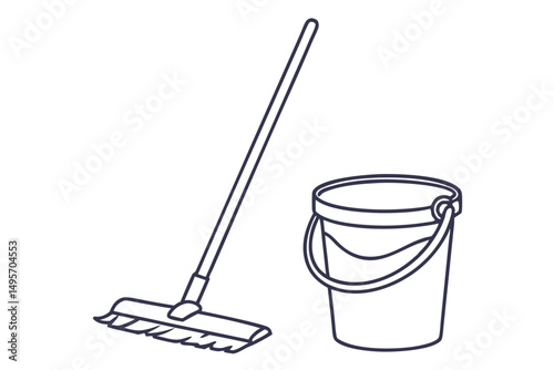 mop and bucket line art cleaning tools sketch