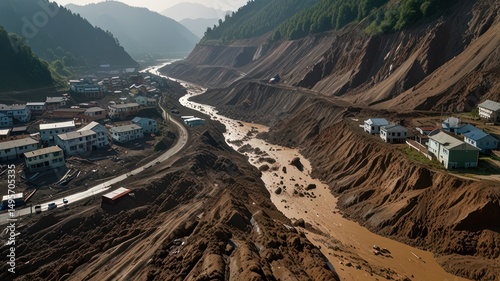 A river choked by mudslide debris, cascading down a valley, threatening nearby homes