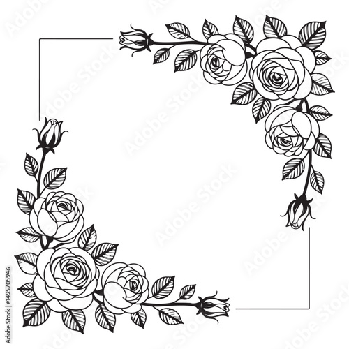 Floral frame with roses with black line art vactor 