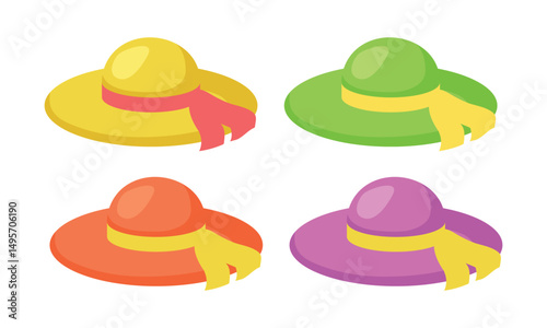 Summer women's hat. Vector icons set isolated on white background.