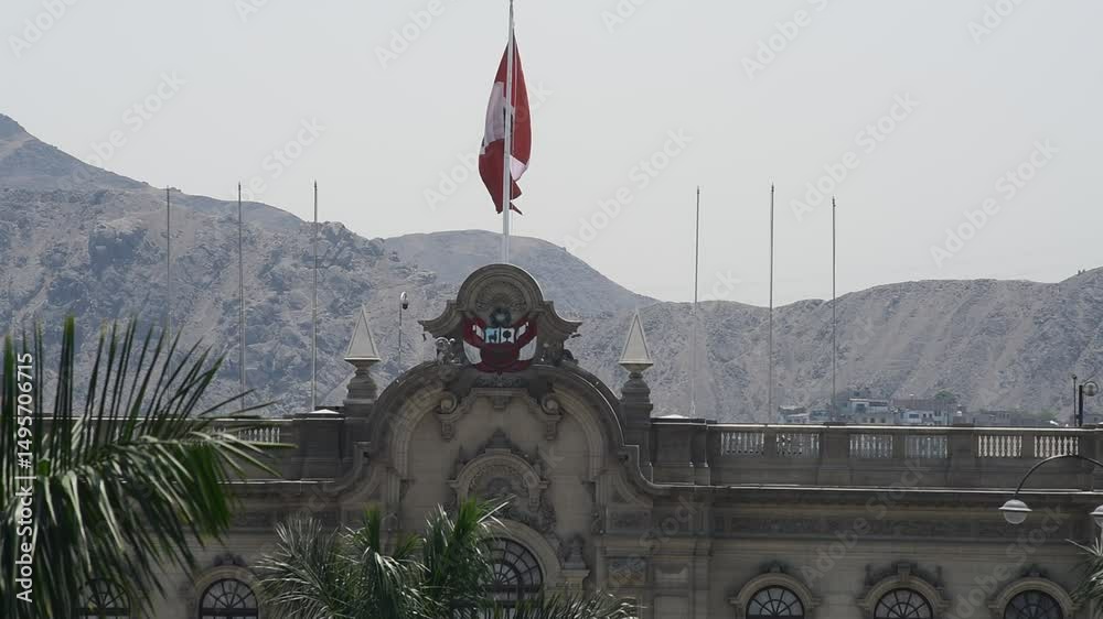 peru Panoramic view of Lima main square and palace goverment ,president historical history viux ,facade flag peruvian,back ground mountain