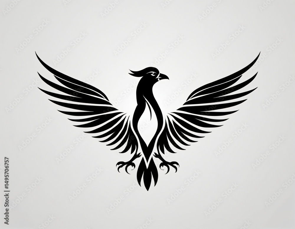 Obraz premium Phoenix Silhouette: A striking phoenix silhouette, wings spread wide in powerful elegance, rendered in sleek black lines against a smooth grey canvas. Ai generated image
