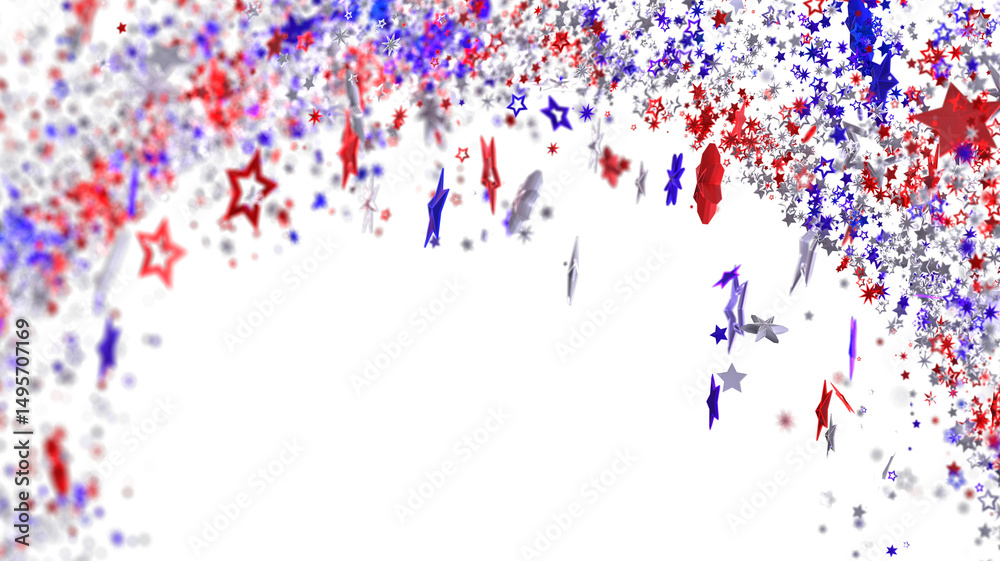 Fototapeta premium Red, white, and blue star confetti on white. Perfect for Independence Day, Memorial Day, or other patriotic celebrations.