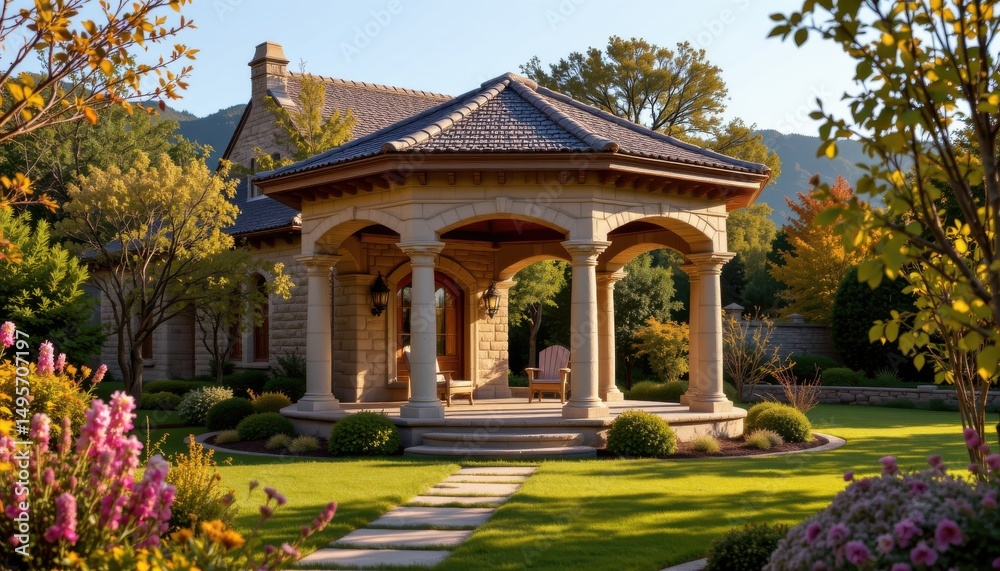 sophisticated stone pavilion photographed from a three quarter angle in a landscaped garden, in a luxurious architecture photography style, with earth tones, golden afternoon light, high resolution sophisticated stone pavilion photographed from a three quarter angle in a landscaped garden, in a luxurious architecture photography style, with earth tones, golden afternoon light, high resolution