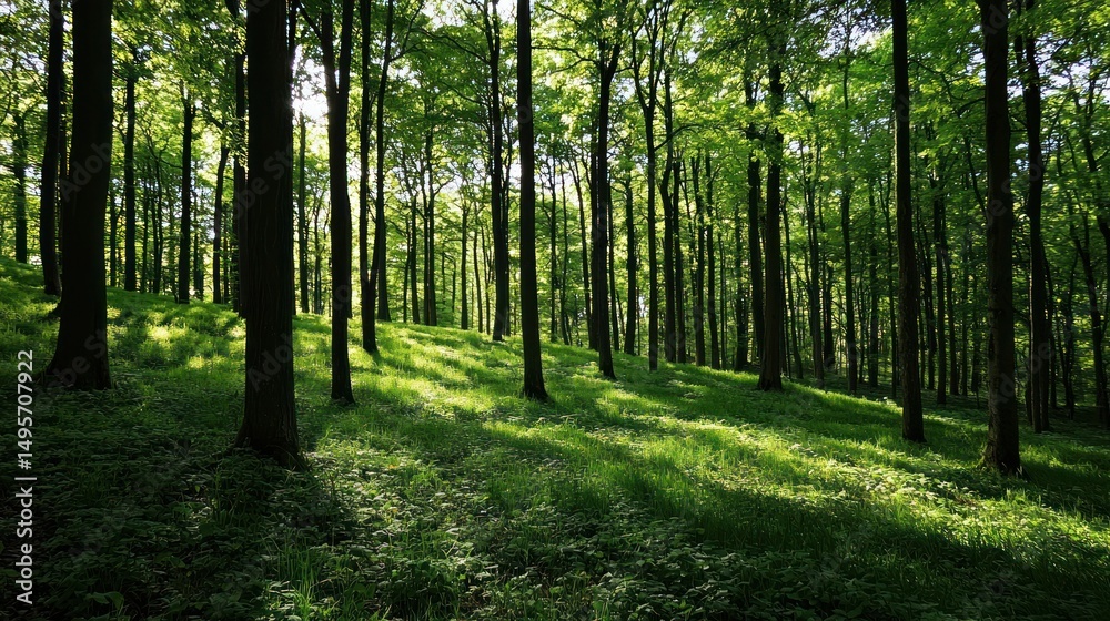 Obraz premium Sunlit Forest Path: A Tranquil Woodland Scene