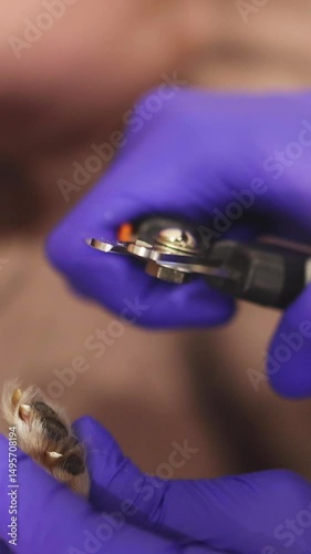 Veterinarian specialist holding tiny white dog, process of cutting dog claw nails of a small breed dog with a nail clipper tool, close up view of dog's paw, trimming pet dog nails manicure at home
