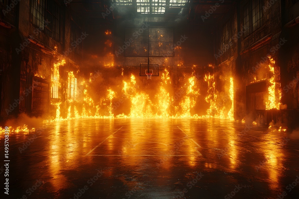 Obraz premium Intense Indoor Basketball Court Ablaze with Fire and Flames - Dramatic Concept for Creative Design