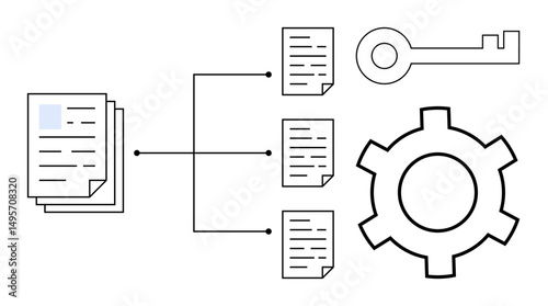 Stack of documents connected to multiple files, key icon, and cogwheel representing data organization, access control, workflow optimization. Ideal for data strategy, file sharing, system